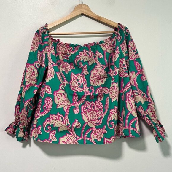 Flying Tomato Floral Boho Peasant Blouse Green Pink Cotton Size L - Picture 9 of 10